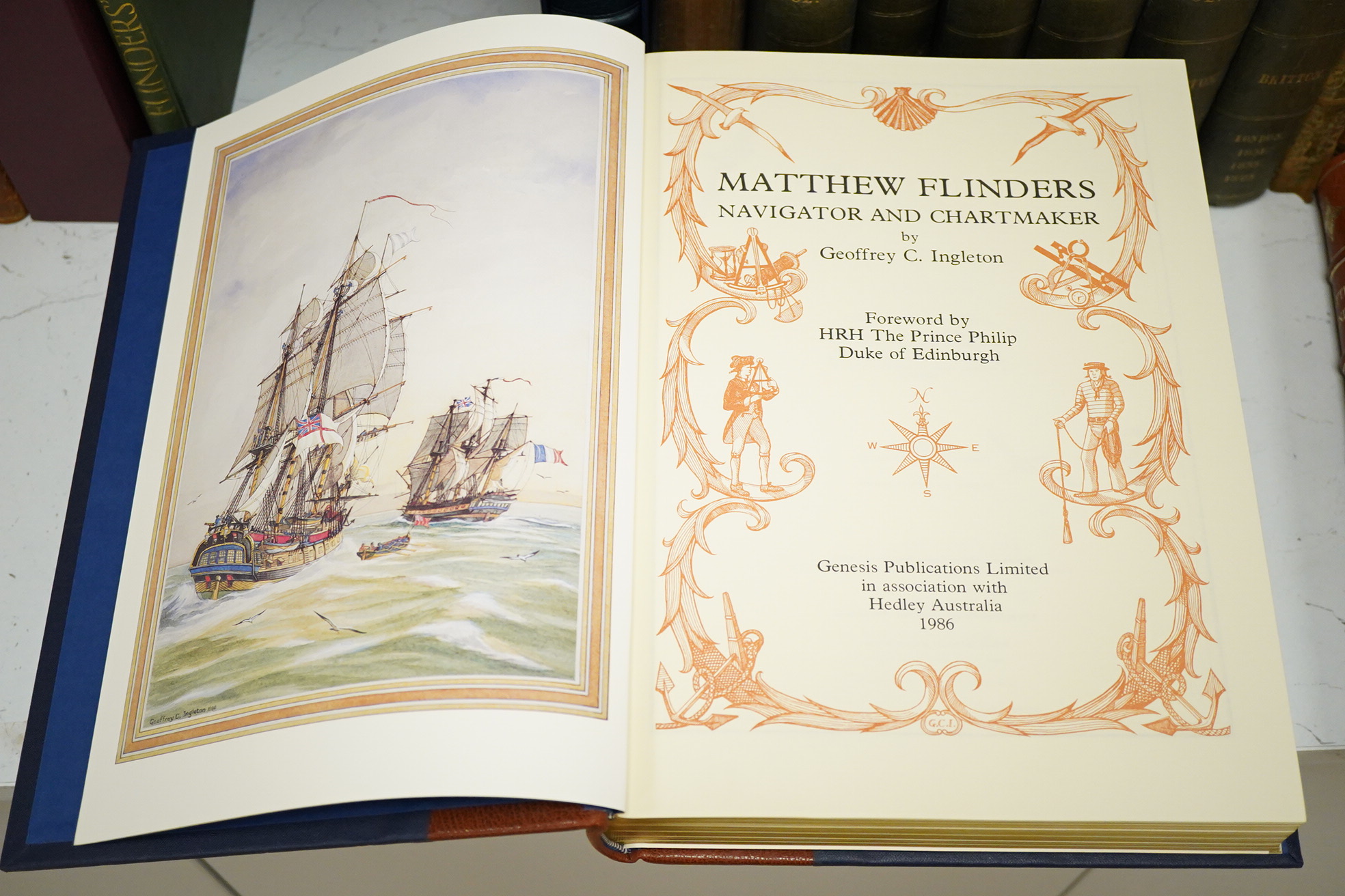 Matthew Flinders: the De Luxe and Complete Edition (of 550 numbered sets), 2 vols. Comprising: Ingleton, Geoffrey C. - Matthew Flinders: navigator and chartmaker ... pictorial title, coloured frontis. and 16 coloured pla